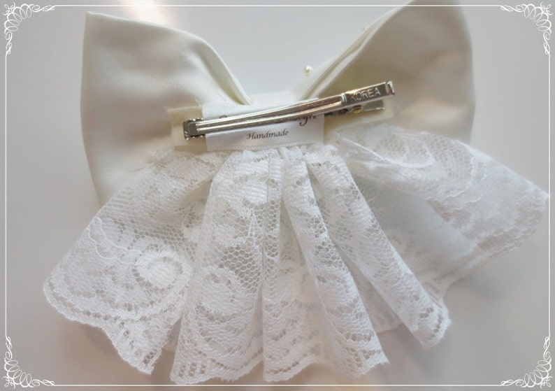 Pearl Lace Wedding Hair Bow: Silk Satin Flower Girl Bow image 4