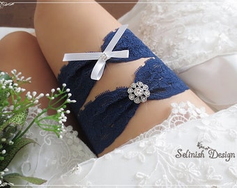 Navy Lace Wedding Garter Set: Rhinestone Bridal Garters