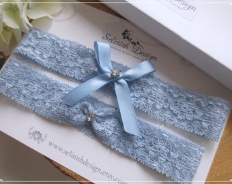 Blue Lace Wedding Garter Set: Bridal Rhinestone Garters