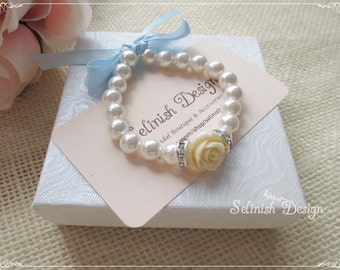 Bridesmaid Gift Idea, Flower Girl Bracelets, Ivory Pearl Bracelet, Something blue, Flower girl Gifts, Bow, Bracelets, bridesmaid jewelry