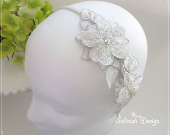Bridal Lace Headband, Ivory Wedding Headband, Bridal Lace Headpiece, Wedding Hair Fascinator- Wedding Accessories-HB156s