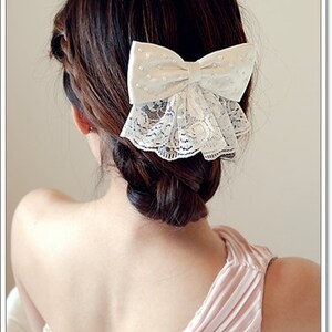 Pearl Lace Wedding Hair Bow: Silk Satin Flower Girl Bow image 1