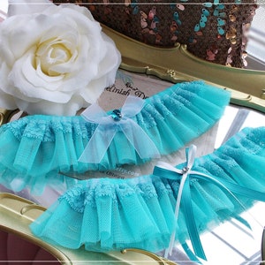 Teal Wedding Garter, Turquoise Wedding Garters, Bride Garter with bow, Beach wedding garter, peacock, lace wedding garter image 3