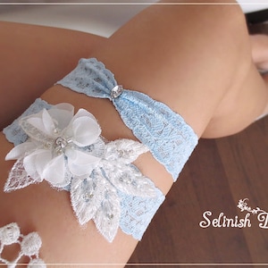 Blue Flower Garter Set, Wedding Garters, Something Blue, Baby Blue Garters, Blue Wedding Garter Set, Bridal Garter-G2001babyblue