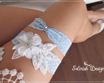 Blue Lace Wedding Garter Set: Rhinestone Flower Bridal Garters