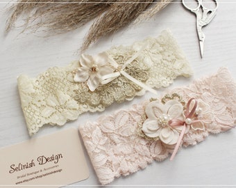 Flower Garter Set, Wedding Garter Set, Nude Beige Garter, Bridal Garter Set, Champagne Garter, Garters, Garter Set- G2105two