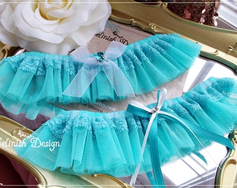 Teal Wedding Garter, Turquoise Wedding Garters, Bride Garter with bow, Beach wedding garter, peacock, lace wedding garter