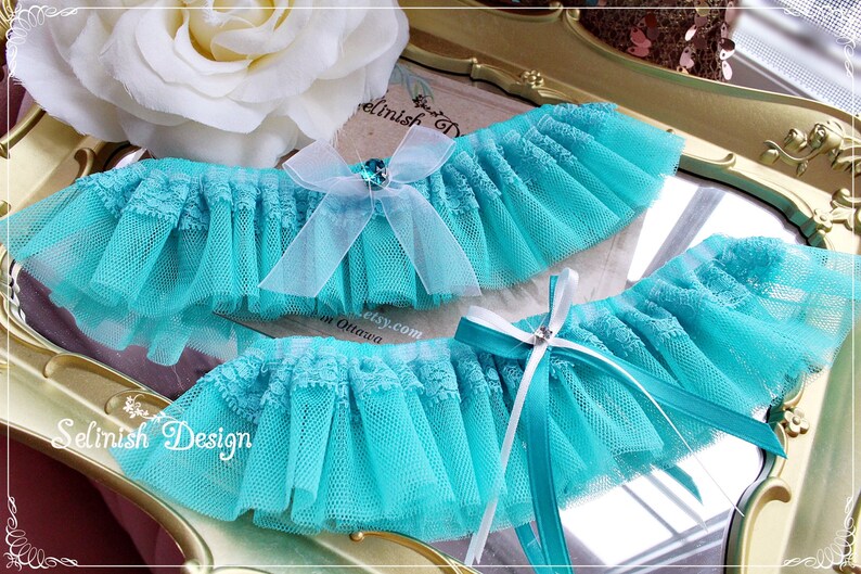 Teal Wedding Garter, Turquoise Wedding Garters, Bride Garter with bow, Beach wedding garter, peacock, lace wedding garter image 1