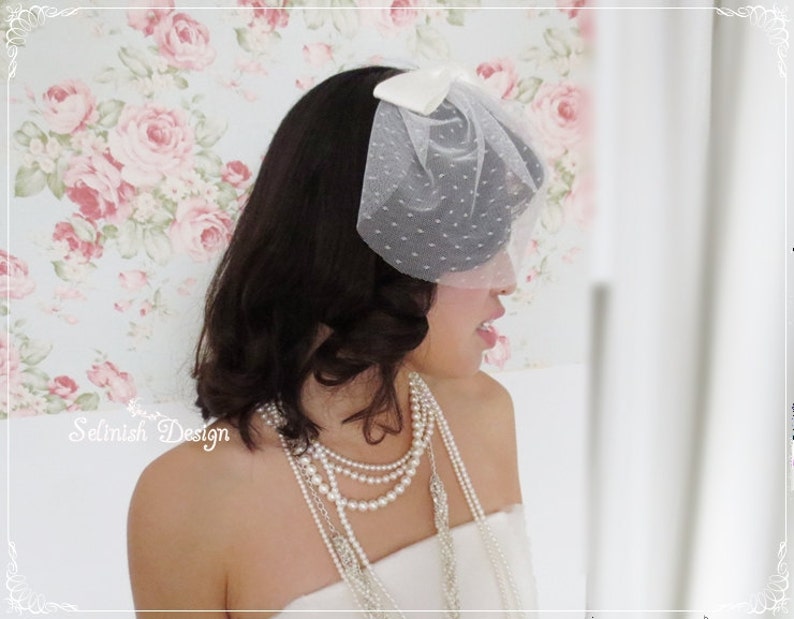 Short Mini Veil, Bridal Veil, lace veil, Bow Veil, Birdcage Veil with Bow, Bridal Birdcage Veil-V153dot image 5