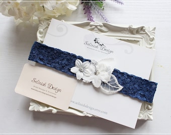 Navy Wedding Garter, Garters for Wedding, Bride Garter Blue, Navy Bridal Garters, Wedding Garter, Something Blue Garter, Floral - G2109navy