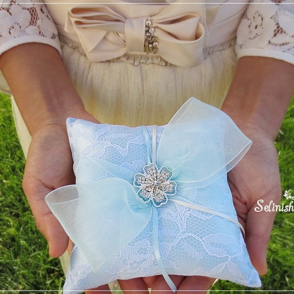 Mini Blue Ring Bearer Pillow, Something Blue Wedding, Light Blue Wedding pillow, Baby Blue Ring Pillow- code: RP157blue