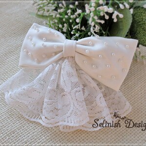 Pearl Lace Wedding Hair Bow: Silk Satin Flower Girl Bow image 3