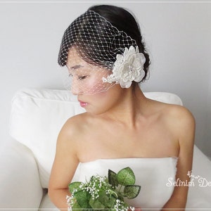 Ivory Birdcage Veil, Bridal Floral Birdcage Veil, Ivory Veil, Wedding hair Accessory, Flower Veil, Face Veil  by Selinish Design - V153ivory