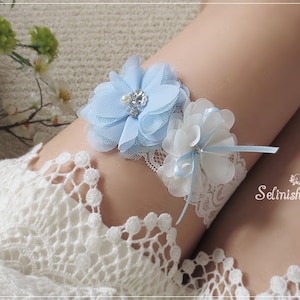 Flower Blue Garter, Wedding Garters, Something Blue Garter, Baby Blue Bridal Garters, Blue Wedding Garter