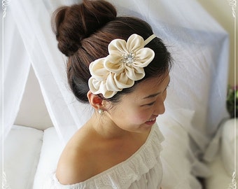 Handmade Ivory Chiffon Flower Bridal Headband: Pearl & Crystal