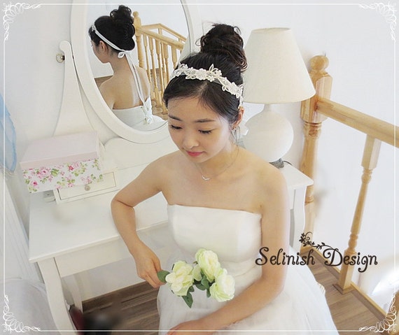 Bridal Lace Headband, Ivory Wedding Hair Flower Headband, Bridal