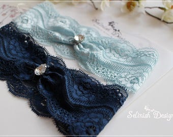 Lace Wedding Garter: Navy Blue Bridal Garter with Rhinestone