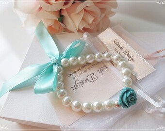 Mint Flower Girl Bracelets, Mint Rose Bracelet, Flowergirl Gifts, Girl Bracelets, Bow Brecelets, Mint Weddings- B148rose