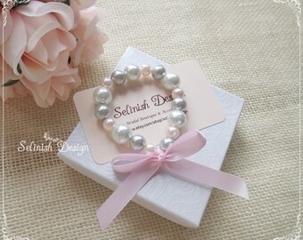 Flower Girl Bracelet, Pink and Grey Pearl Bracelet, Party Favor Bracelet, Flowergirl Gifts, Girl Bracelets, Flower Girl Gifts