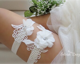 Ivory Wedding Garter Set, Lace Garter, Bridal Garter Set, Something Ivory, Flower Garter