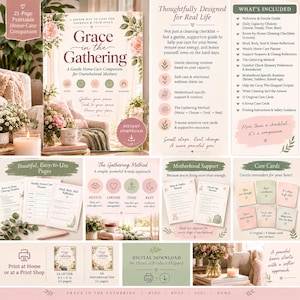 May include: A 21-page printable home-care companion titled Grace in the Gathering, featuring a gentle guide for mothers. Includes cleaning checklists, a weekly planner, care cards, and motherhood-specific routines in US Letter size.