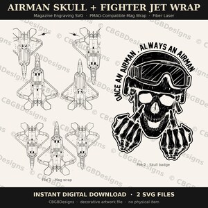 Airman Skull Magazine Engraving SVG, Fighter Jet Blueprint Mag Wrap, PMAG Compatible Laser File, Veteran Fiber Laser Download