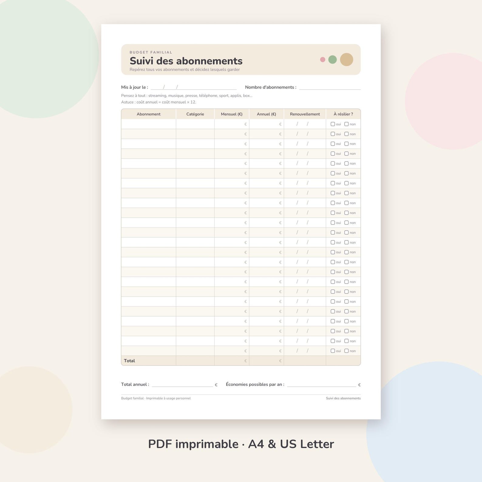 Printable Subscription Tracker, Monthly Subscription Tracker PDF ...