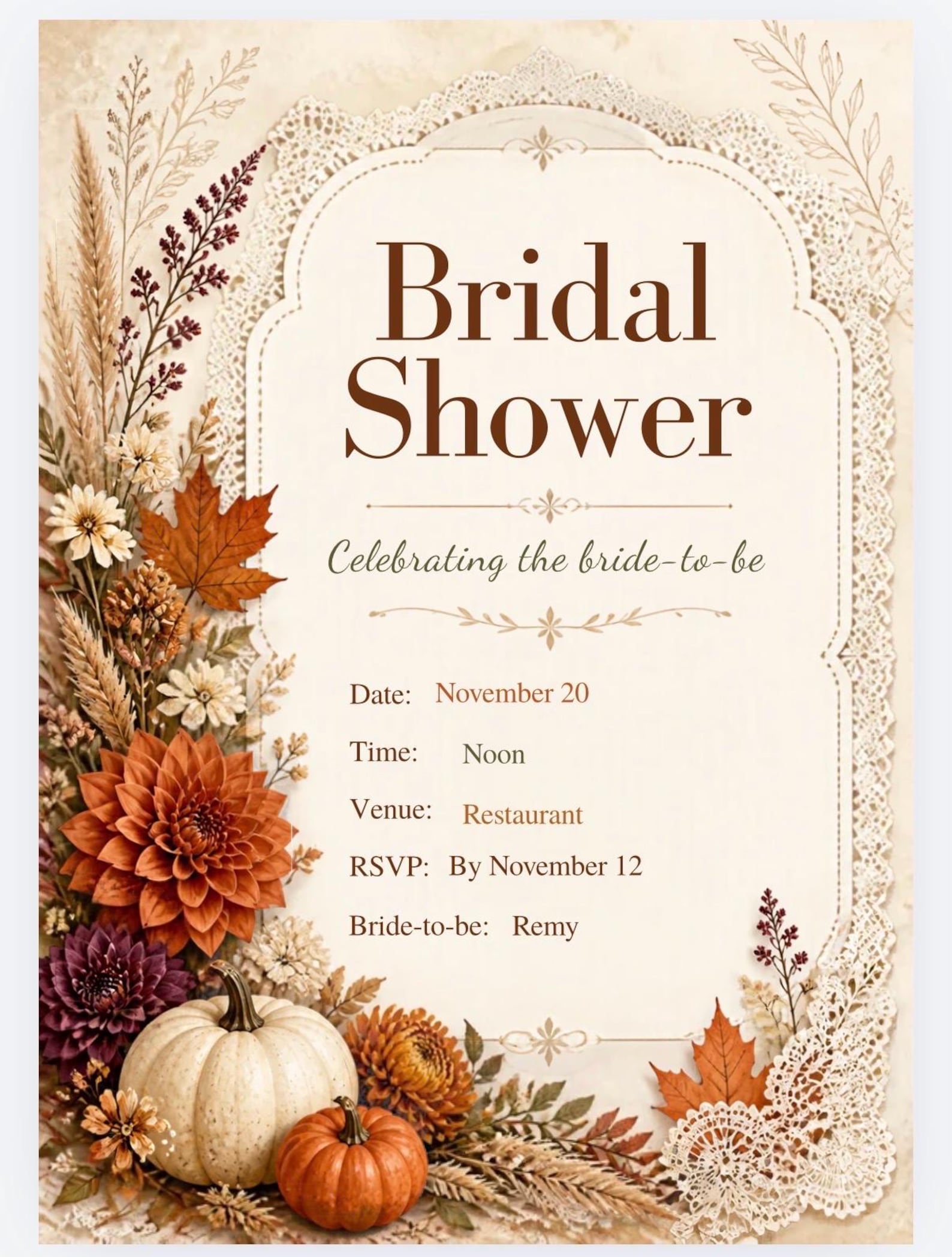 Editable Bridal Shower Invitation: 5x7 Digital Download, Fall Lace ...