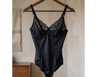Body Olga 36C Negro Sin mangas Cuello en V Liso Faja Estilo Teddy Vintage