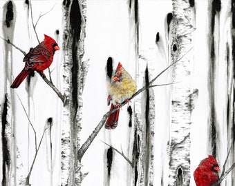 Cardinals and Birch Trees, Cardinal Painting, Print On Canvas, Winter Scene, Cardinal Wall Art By Karri Jamison