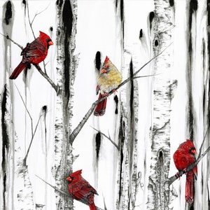 Cardinals and Birch Trees, Cardinal Painting, Print On Canvas, Winter Scene, Cardinal Wall Art By Karri Jamison