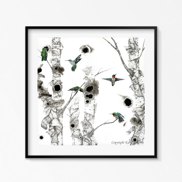 Hummingbird Print, Ruby Throated Hummingbird Art, Bird Art, Paper Print, Wall Art, Flying Bird, Office Art, Nature Print, Karri Jamison