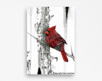 Arte cardinal, impresión cardinal, impresión de pájaro rojo, arte cardinal masculino, arte de árbol de abedul, impresión de lienzo, impresión Giclee, 5x7 pulgadas Karri Jamison