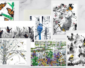 Blank Card Set, Bird Card Set, Butterfly Card Set, Gift Boxed Set, Springtime Card Pack- 7 Cards and Envelopes Included, Karri Jamison