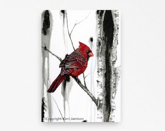 Cardinal Art, Cardinal Print, Red Bird Print, Male Cardinal #2 Artwork, Birch Tree Art, Canvas Print, Giclee Print, 5x7 inches Karri Jamison