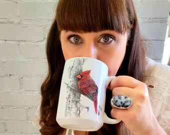 Cardinal Mug, Ceramic Cardinal Mug, Red Bird, Christmas gift for home, car, office, birthday gift, Cardinal Art, Karri Jamison