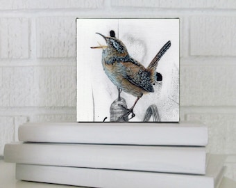 Wren, Marsh Wren Bird Art, Wren Print, Wall Art, Kitchen Art Print, Office Décor, PRINT ON CANVAS, 4x4 inches, Karri Jamison