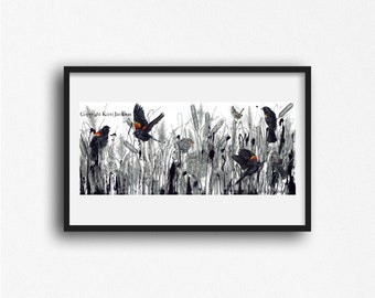 Red-winged Black Bird Print, Red Winged BlackBird Art, Black Bird PRINT ON PAPER, Wall Art, Bird Wall Art, Bird Decor, Karri Jamison