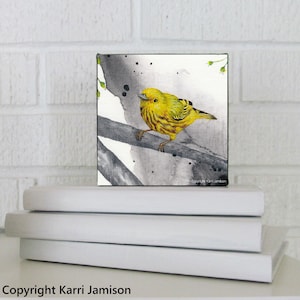 Yellow Warbler, Warbler Bird Art, Yellow Bird, Wall Art, Kitchen Art Print, Office Décor, PRINT ON CANVAS, 4x4 inches, Karri Jamison