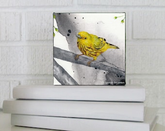 Yellow Warbler, Warbler Bird Art, Yellow Bird, Wall Art, Kitchen Art Print, Office Décor, PRINT ON CANVAS, 4x4 inches, Karri Jamison