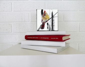 Karri Jamison MINI Canvas PRINT, Title: Female Cardinal and Birch #1, GICLEE Print on Canvas 4x4 inches