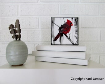 Karri Jamison MINI Canvas PRINT, Title: Male Cardinal and Birch #2, GICLEE Print on Canvas 4x4 inches
