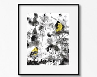 Goldfinch and Wildflowers By Karri Jamison , Print, Wall Art, Paper Print