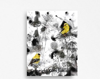 Goldfinches and Wildflowers By Karri Jamison, Canvas Print, Wall Art, Bird Art,