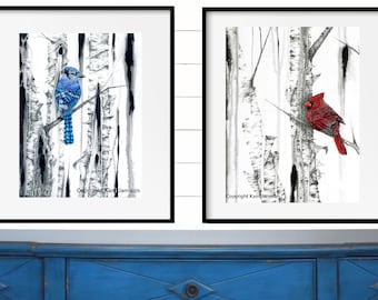 Cardinal And Blue Jay Print Combo, Cardinal Art, Cardinal and Blue Jay Birch Scene, Gift, Karri Jamison, Paper Print, 9X12 inches
