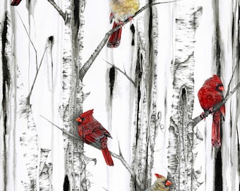 Karri Jamison, Cardinals and Birch Trees, PRINT ON PAPER, Winter Cardinal Scene, Cardinal Art, Red Bird Art