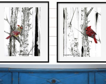 Cardinal Print Combo, Cardinal Art, Male Cardinals #1, Female Cardinal #2, Christmas Gift, Karri Jamison,  Paper Print, 9X12 inches