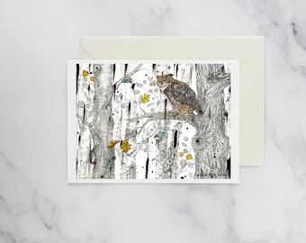 Great Horned Owl Greeting Card, Blank Card, Note Card, Envelope Included, Owl Card On Paper 5x7 inches