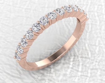 2.2mm 14K Rose gold half eternity diamond band 15 stone stackable wedding anniversary ring