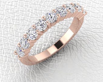 3mm 14K Rose gold half eternity diamond band 9 stone shared prong stackable wedding anniversary ring